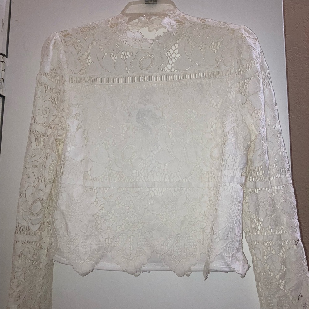 Chic Floral Lace Top Mock Neck in Cream - worn 1x